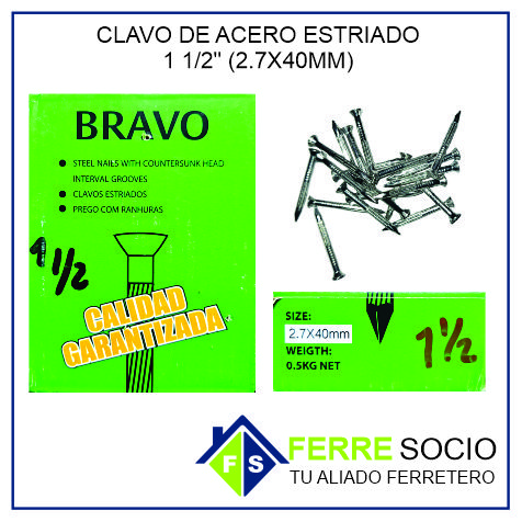 CLAVO DE ACERO ESTRIADO 1 1/2 (2.7X40MM) POR UNIDAD