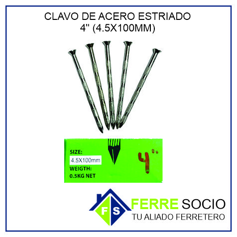 CLAVO DE ACERO ESTRIADO 4 (4.5X100) (3.5X65MM) POR UNIDAD