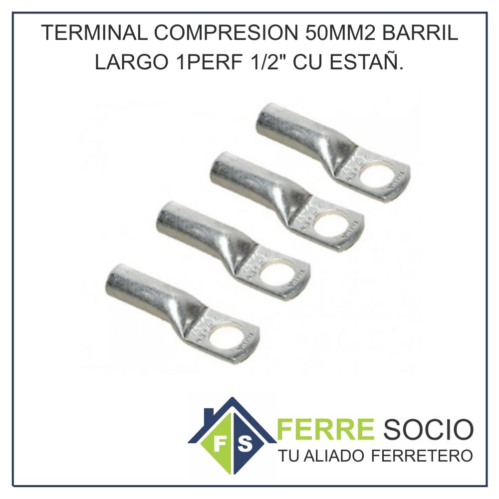 TERMINAL COMPRESION 50MM2 BARRIL LARGO 1PERF 1/2 CU ESTAÑ.