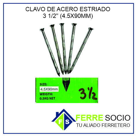 CLAVO DE ACERO ESTRIADO 3 1/2 (4.5X90) (3.5X65MM) POR UNIDAD