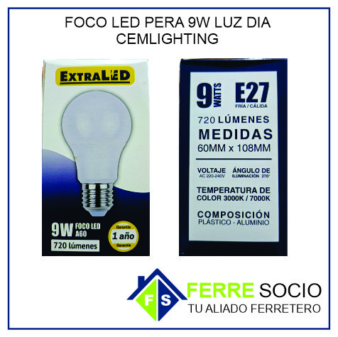 FOCO LED PERA 9W LUZ DIA CEMLIGHTING