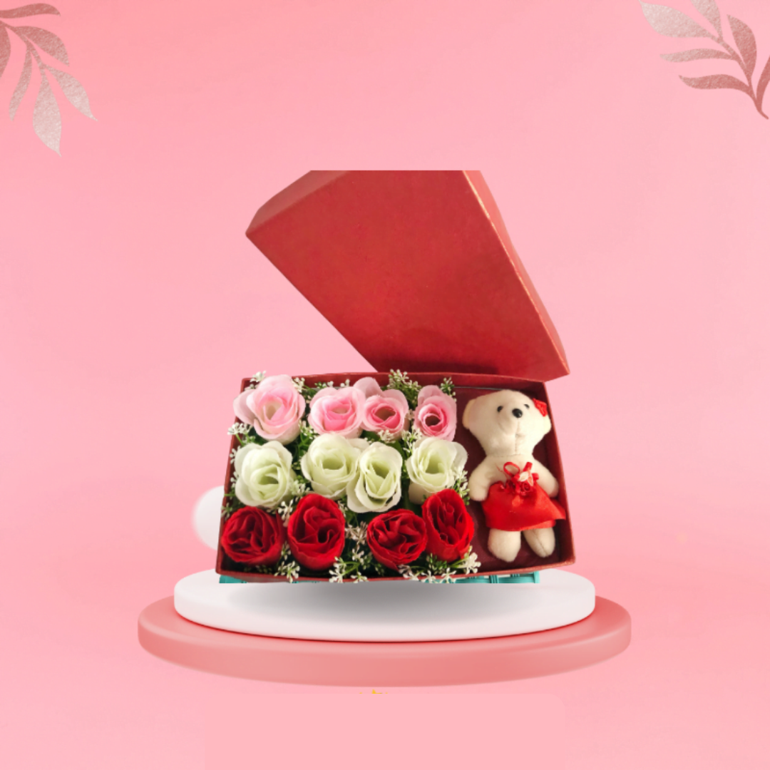 Rose Gift Box with Teddy Bear