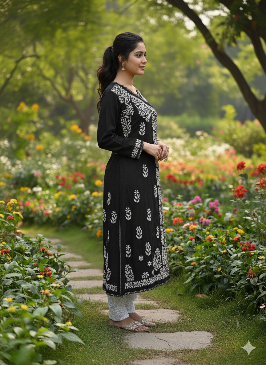 Black Cotton Chikankari Angarakha