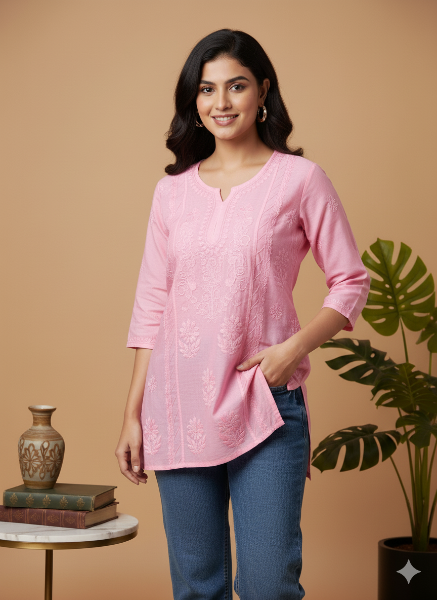 Pink Cotton Chikankari Short Top