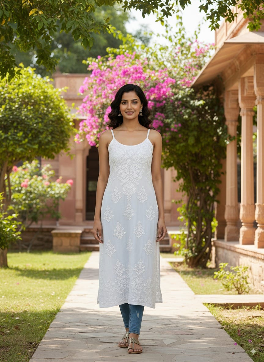 Sleeveless Cotton Chikankari Long Kurti