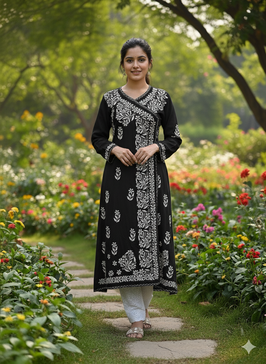 Black Cotton Chikankari Angarakha