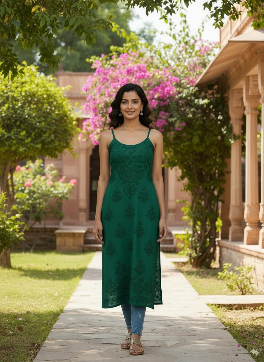 Sleeveless Cotton Chikankari Long Kurti