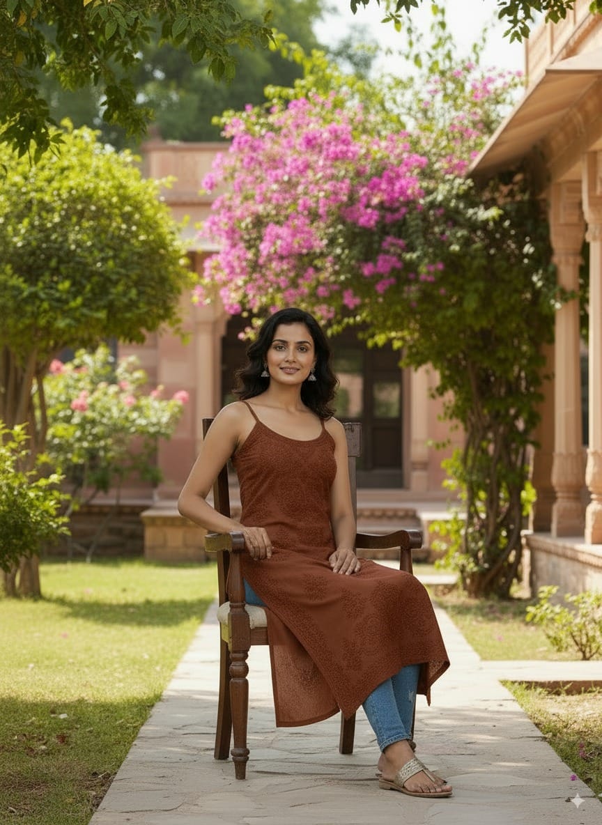 Sleeveless Cotton Chikankari Long Kurti