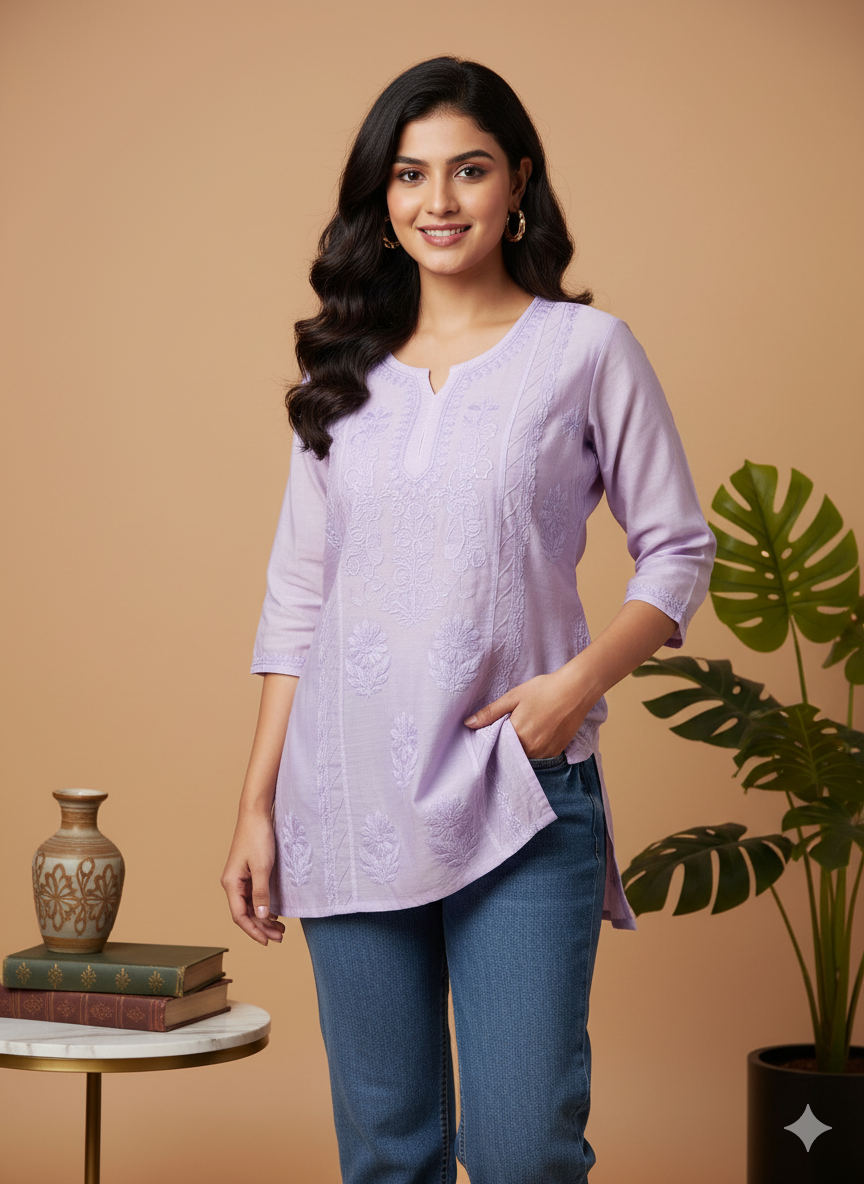 Pink Cotton Chikankari Short Top