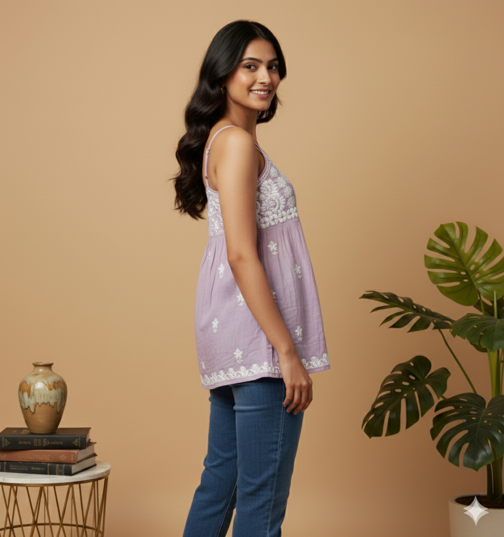 Sleeveless Cotton Chikankari Short Top