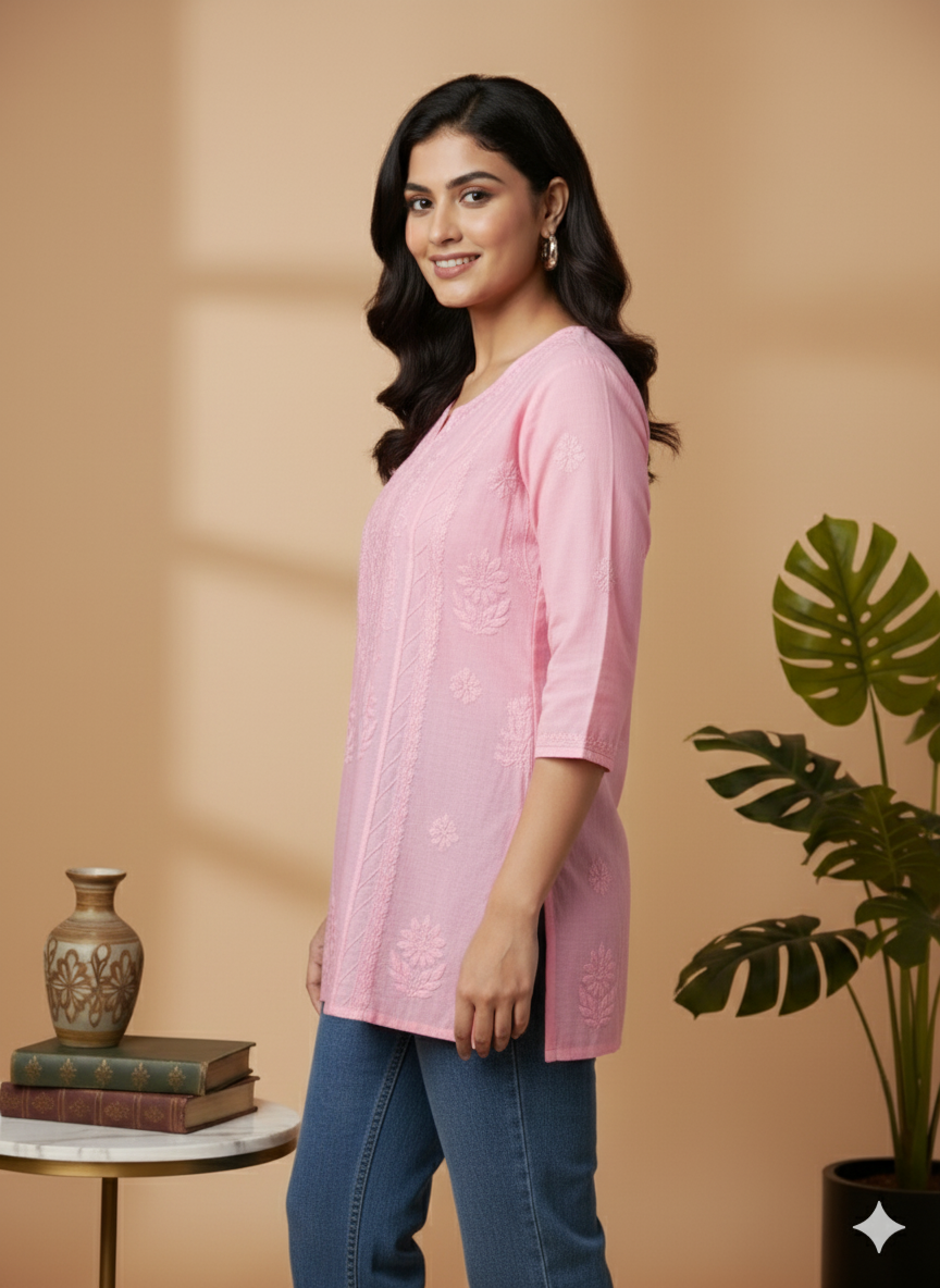 Pink Cotton Chikankari Short Top