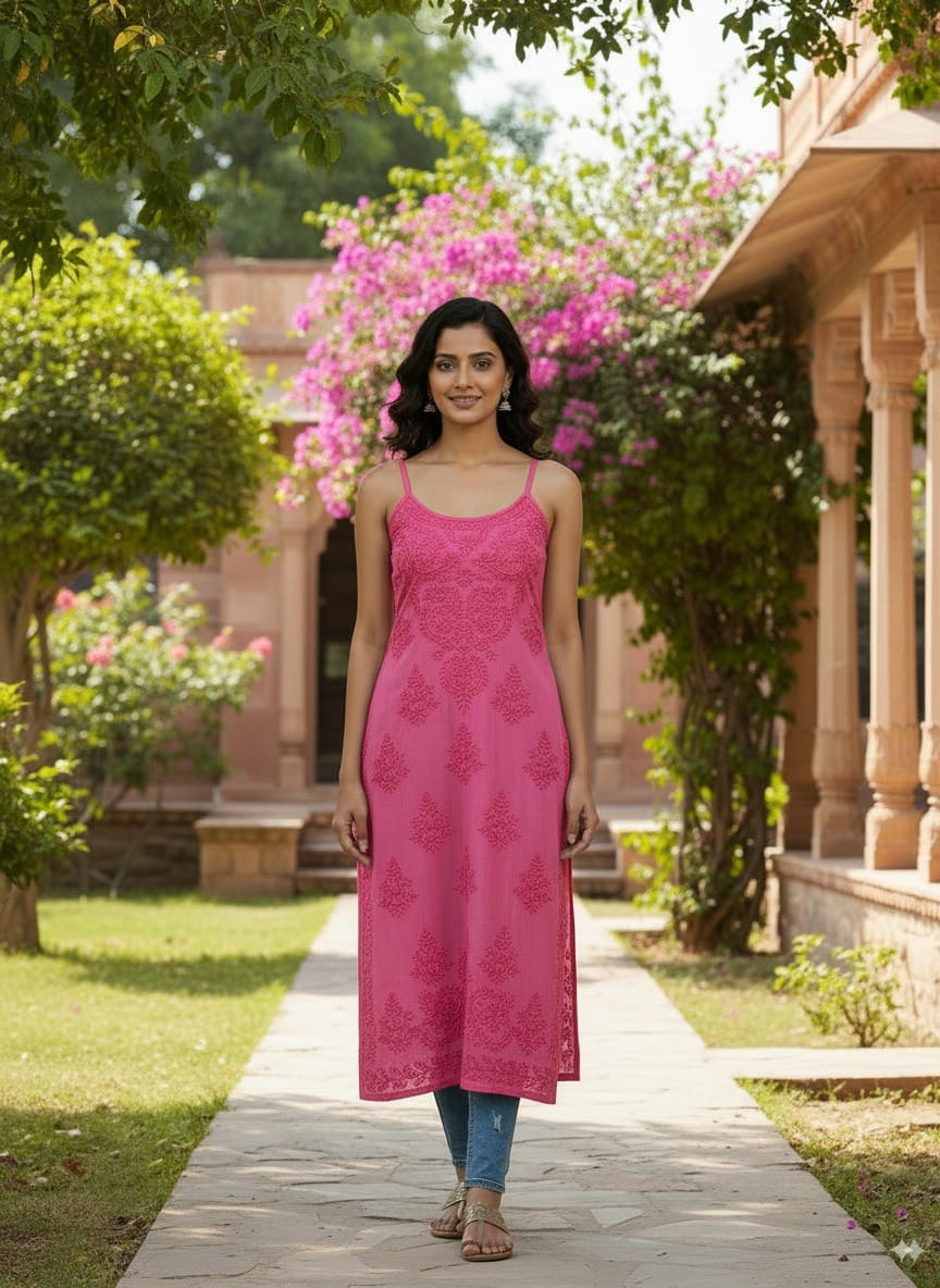 Sleeveless Cotton Chikankari Long Kurti