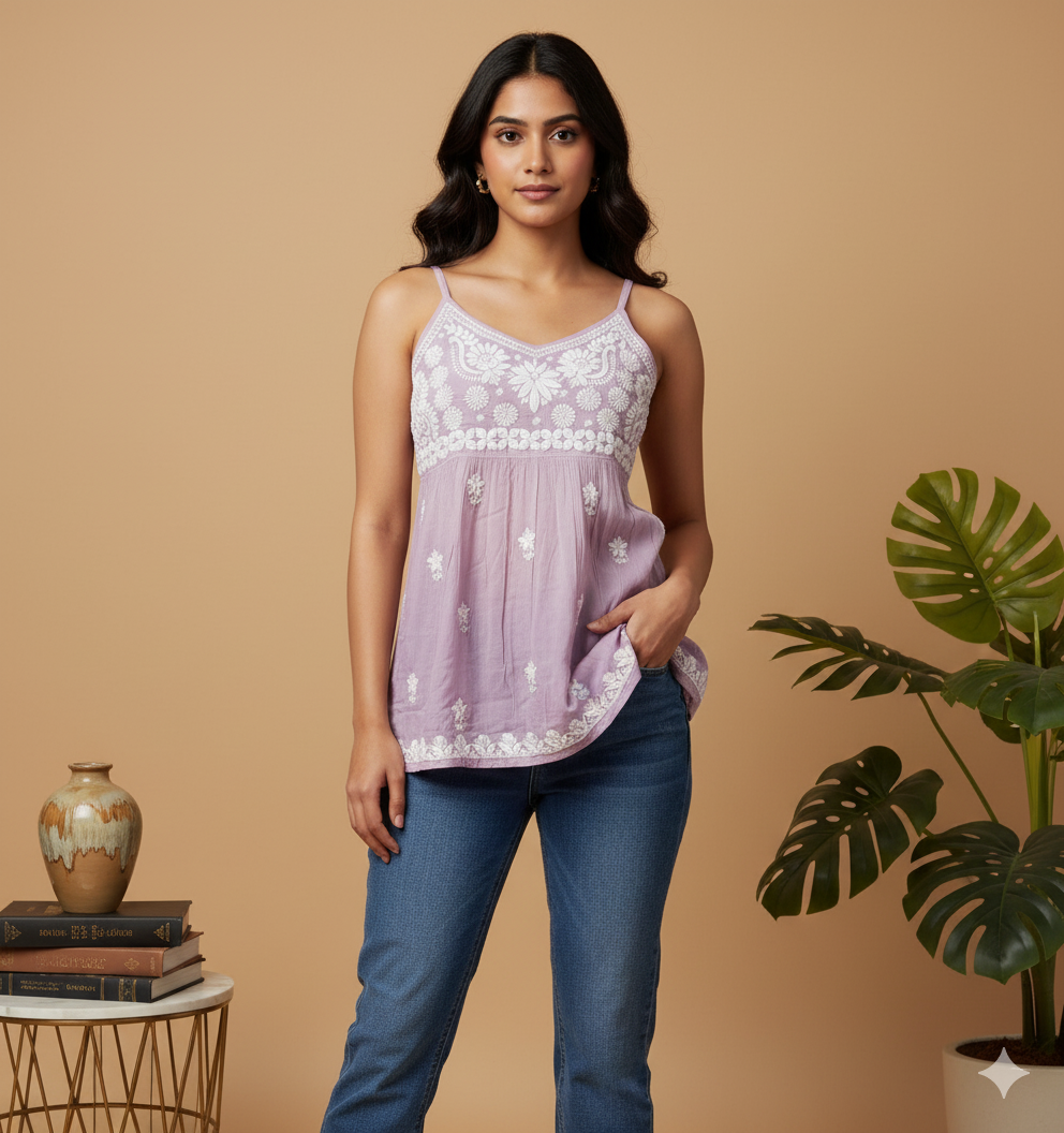 Sleeveless Cotton Chikankari Short Top
