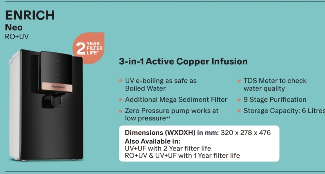 EUREKA FIRBES ENRICH Neo RO+UV Water Purifier