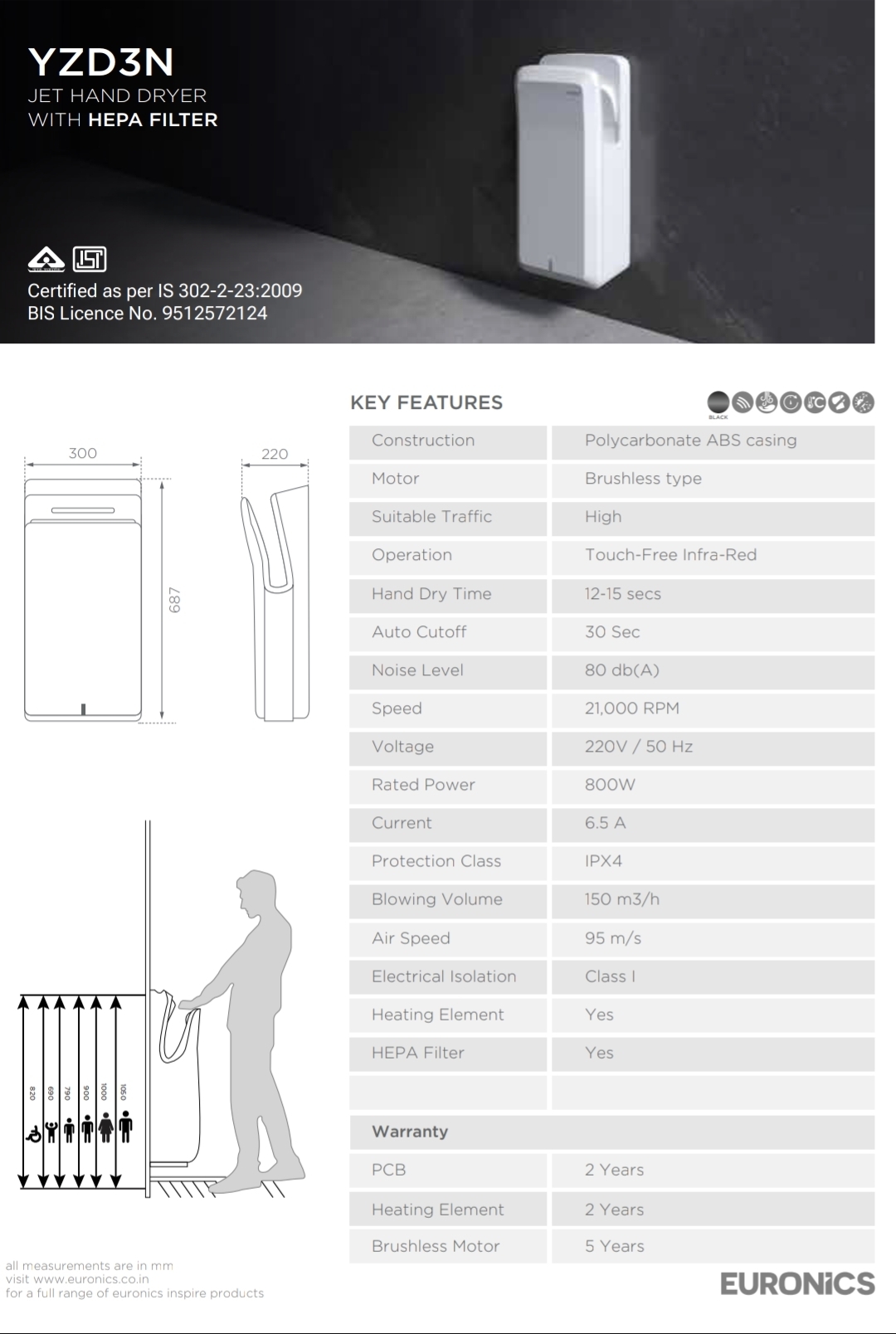 Euronics YZD3N Jet Hand Dryer with HEPA Filter