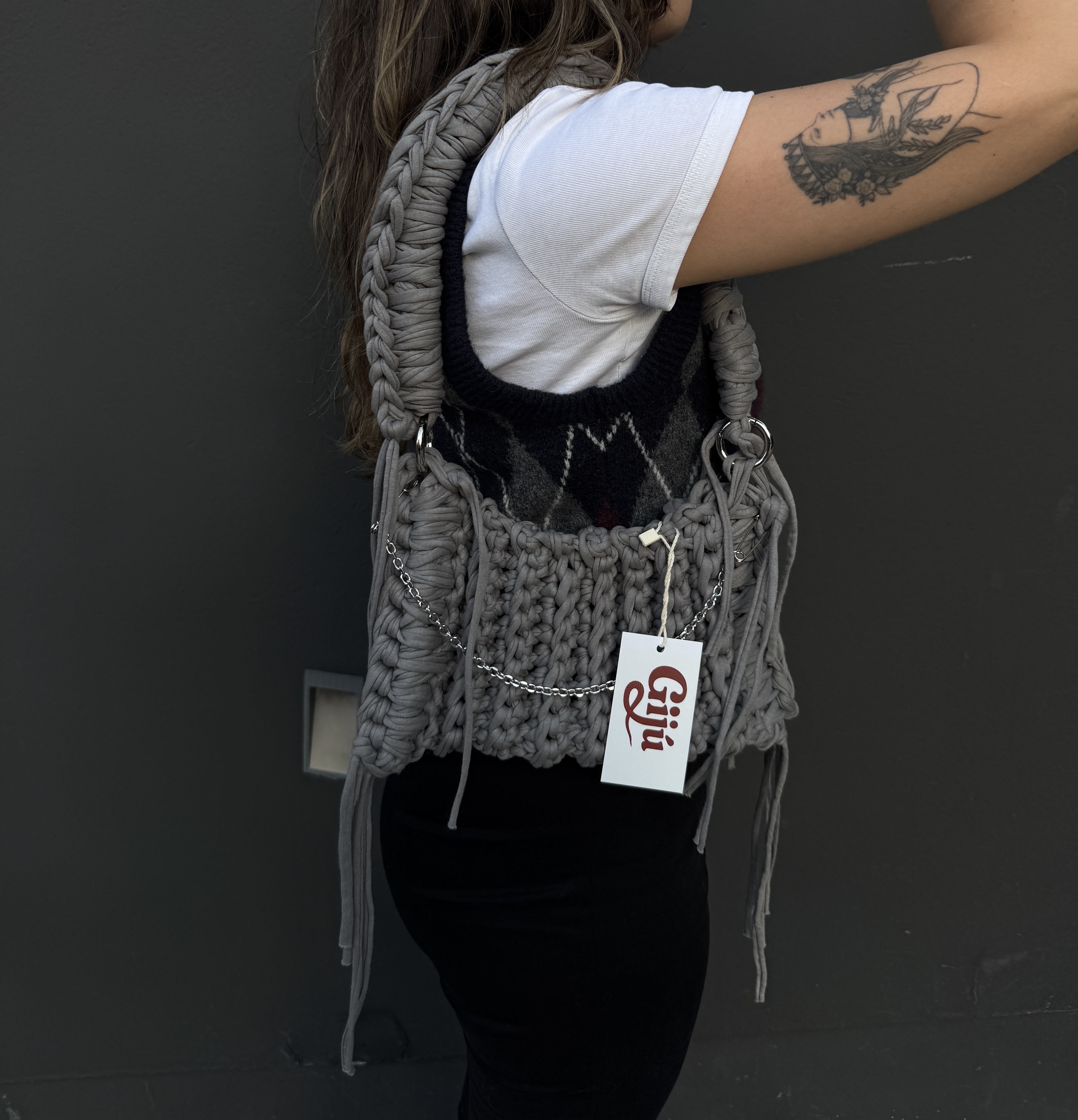 Grey crochet bag