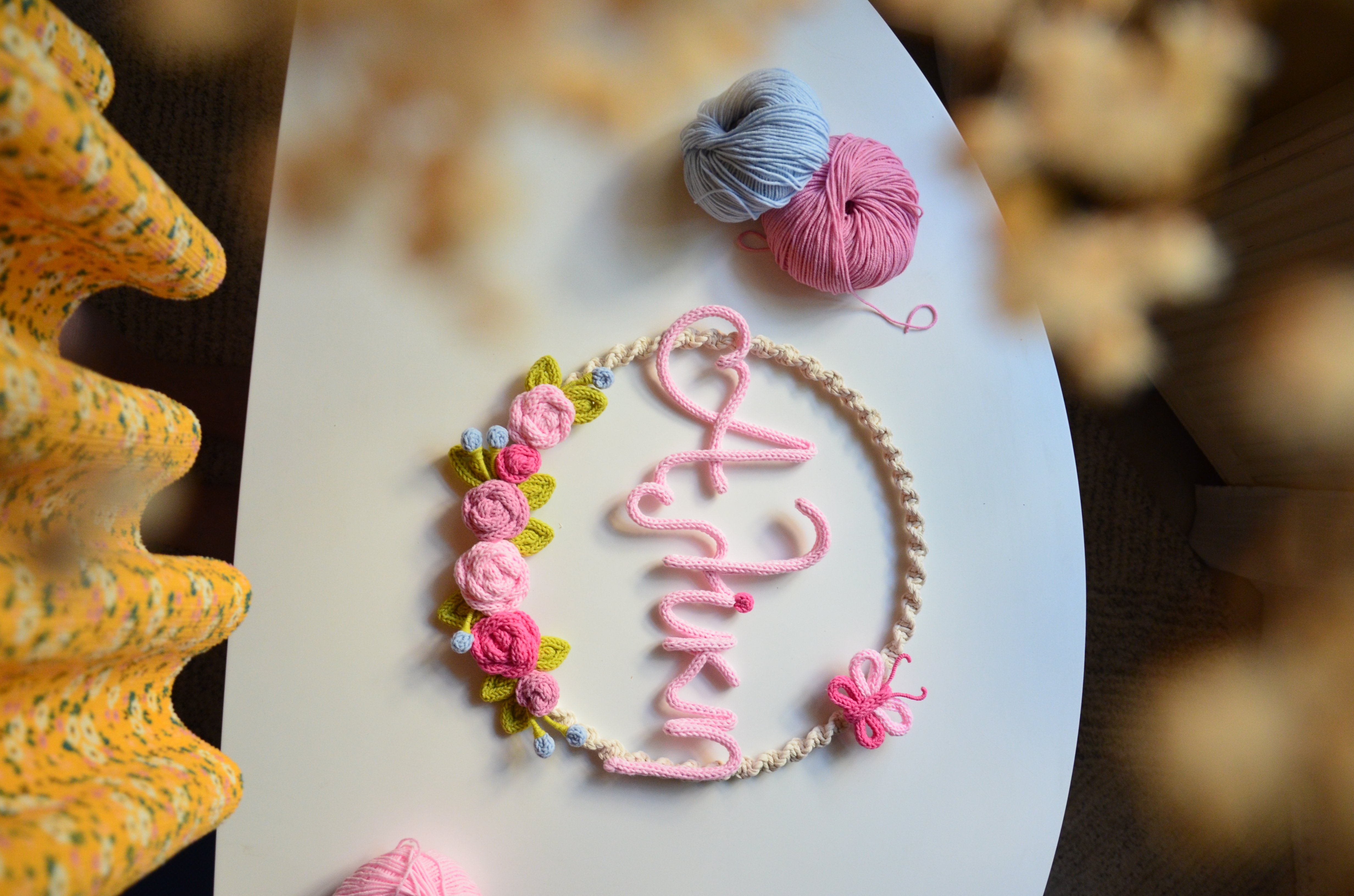 Custom Knitted Name Wreath With Roses