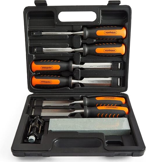 VonHaus Chisel Set - 8pcs Woodworking Tools Set - Wood Carving Tools, Wood Chisel Sets with Sharpening Stone, Honing Guide and Storage Case - Chrome Vanadium, Bevel-Edged Chisel Set 