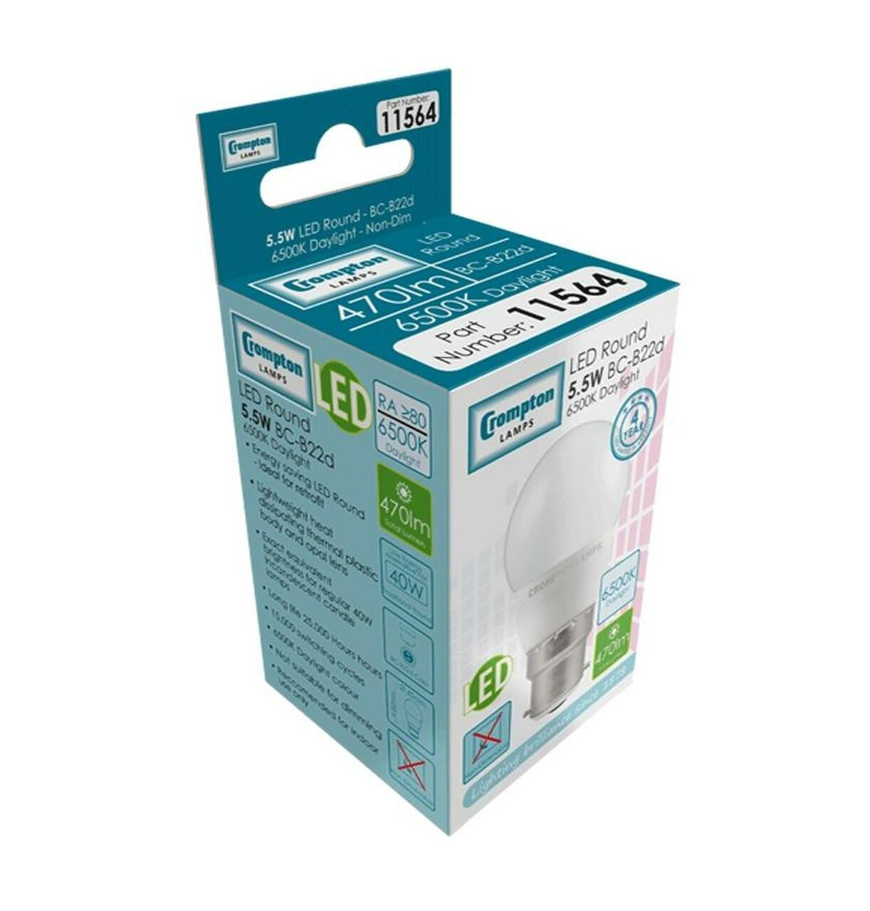 Crompton LED Round 4.8w Bayonet Cap Light Bulb Base (B22) 470lm