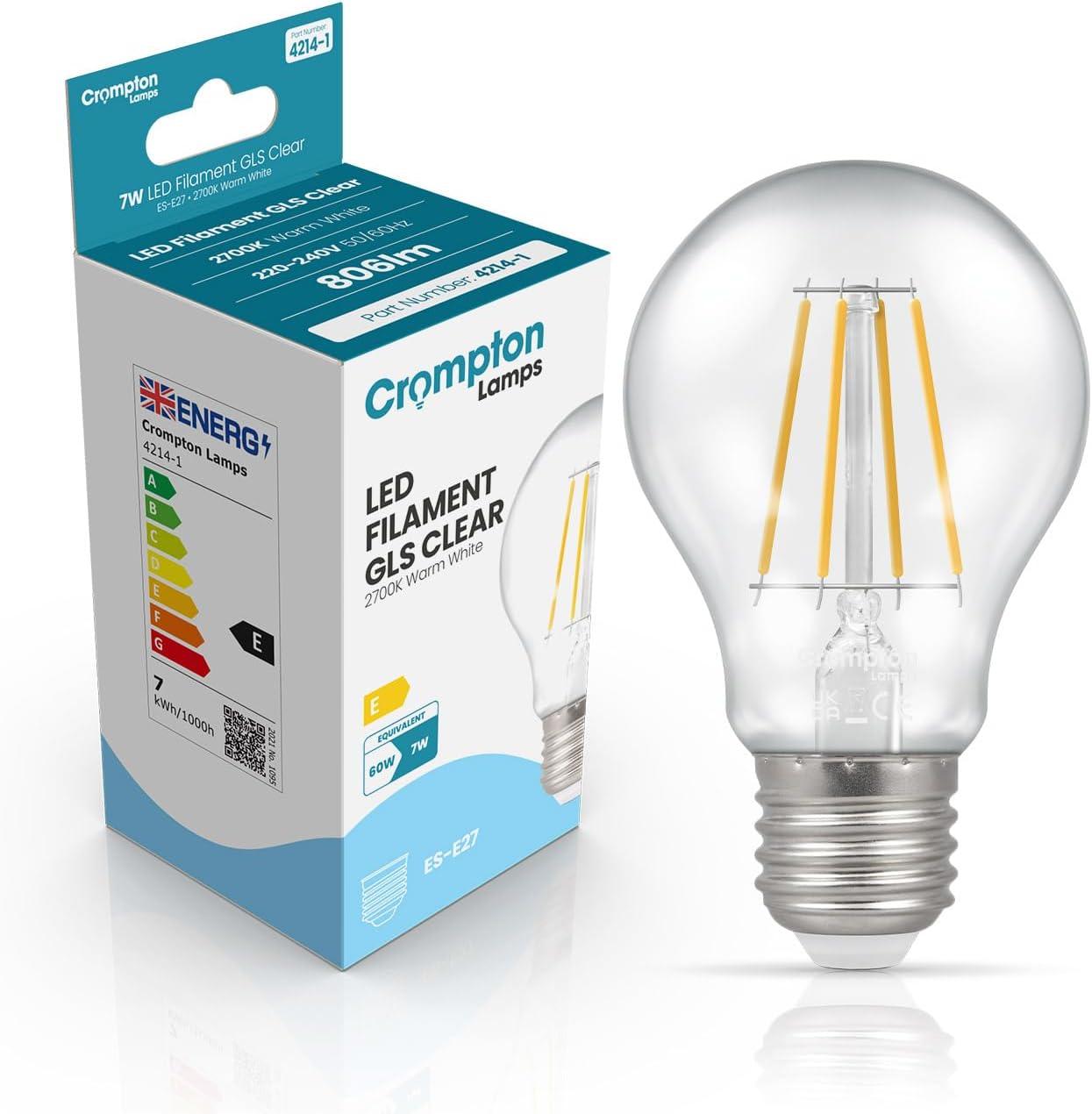 Crompton LED Filament Bulb Clear  Warm White, ES-E27 Base Dimmable