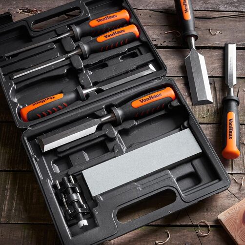 VonHaus Chisel Set - 8pcs Woodworking Tools Set - Wood Carving Tools, Wood Chisel Sets with Sharpening Stone, Honing Guide and Storage Case - Chrome Vanadium, Bevel-Edged Chisel Set 