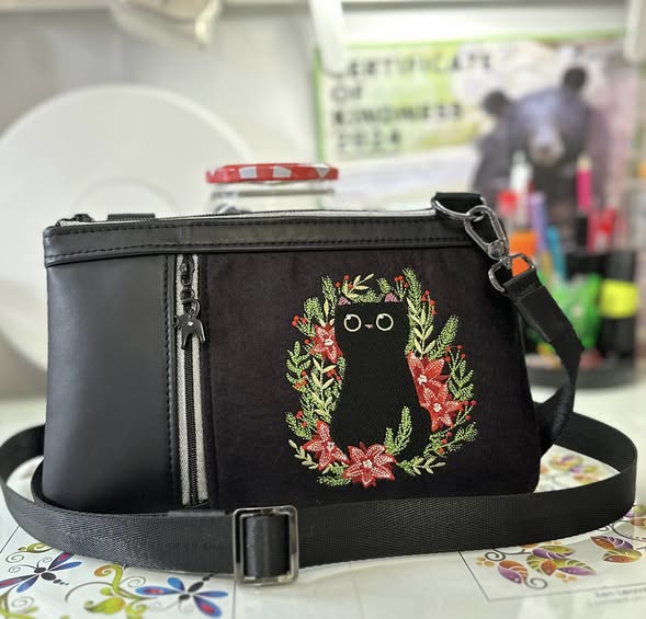 Calfskin Crossbody Bag with Cat Embroidery
