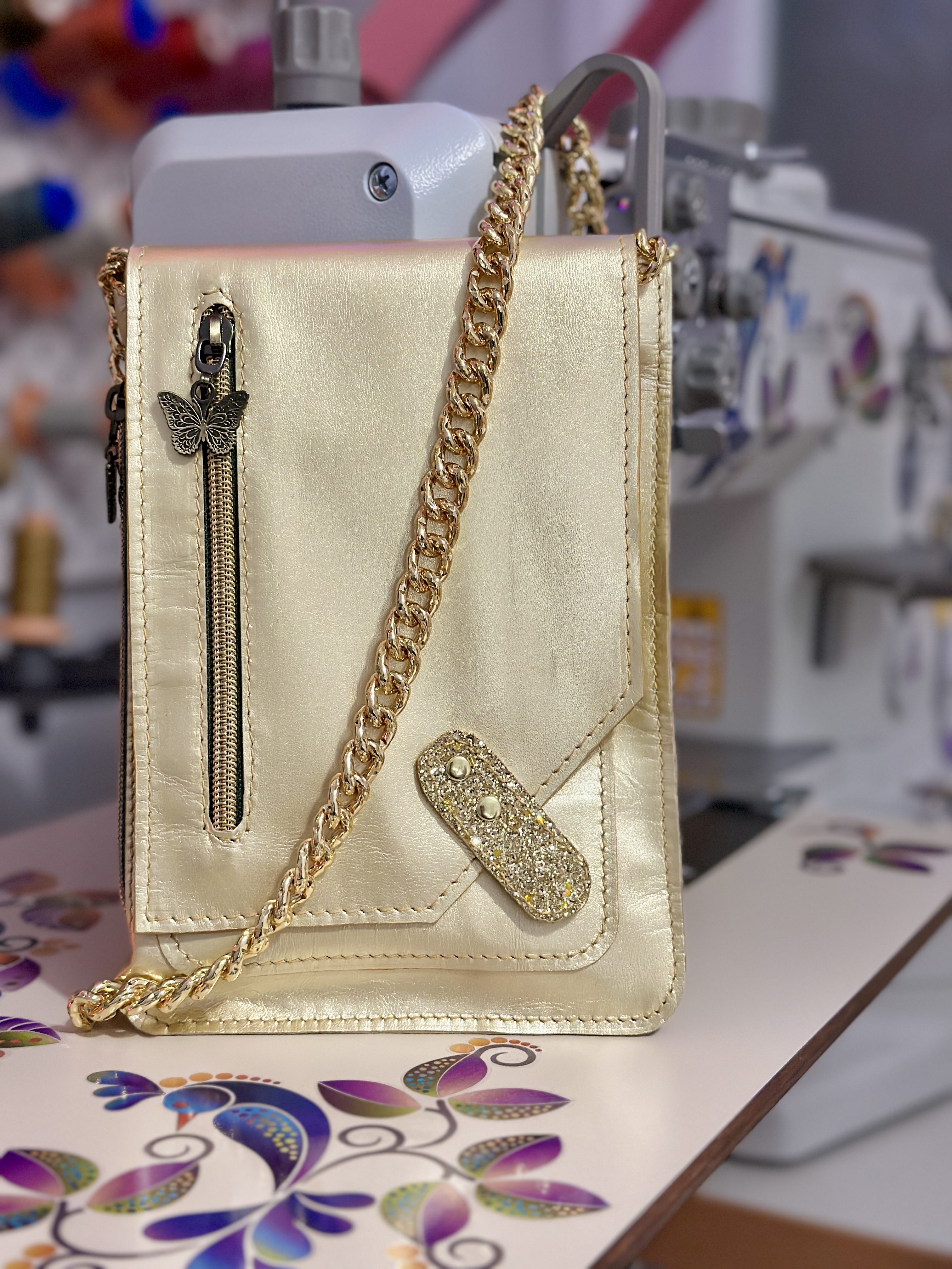 Gold Leather Crossbody Bag 