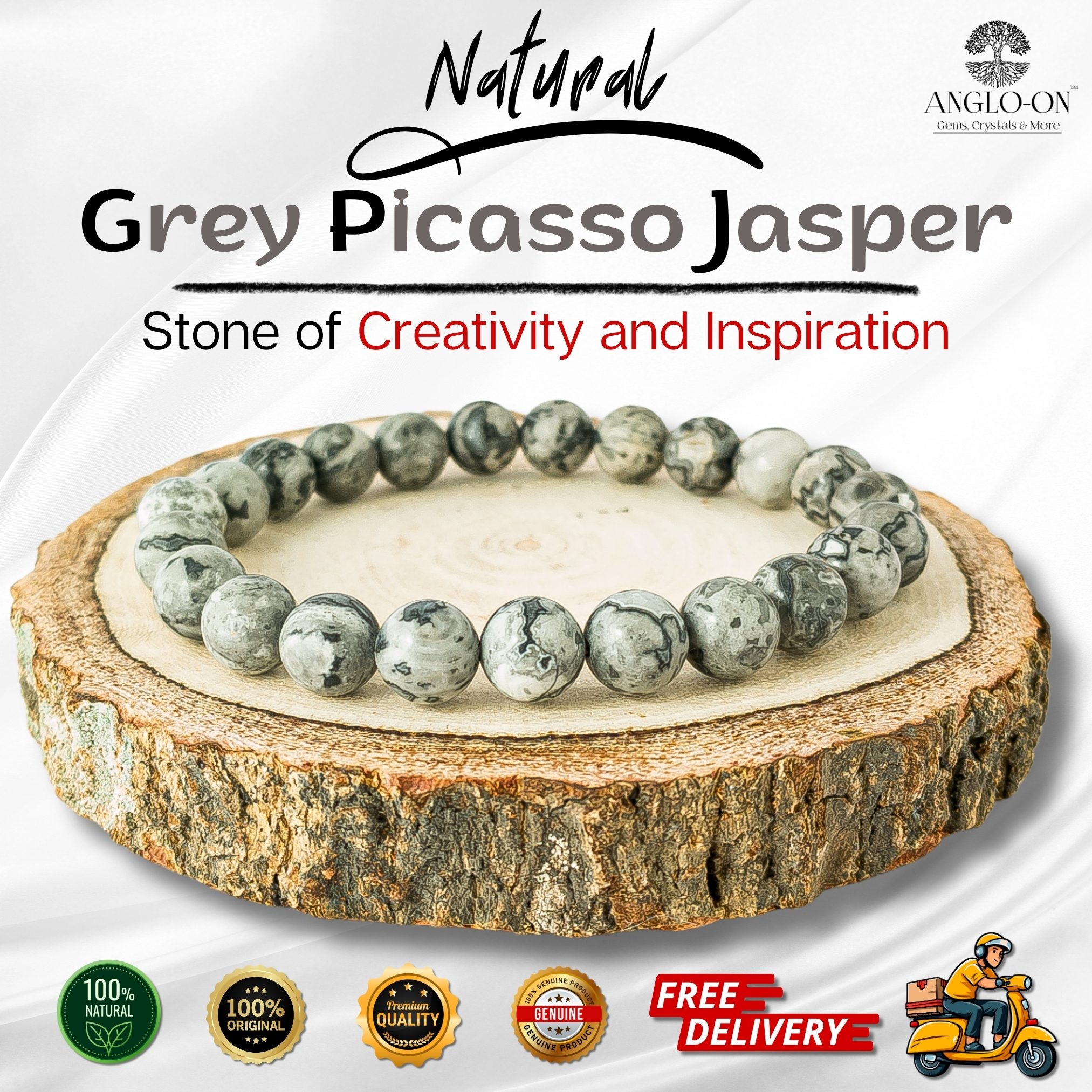 Natural Grey Picasso Jasper Bracelet 8mm