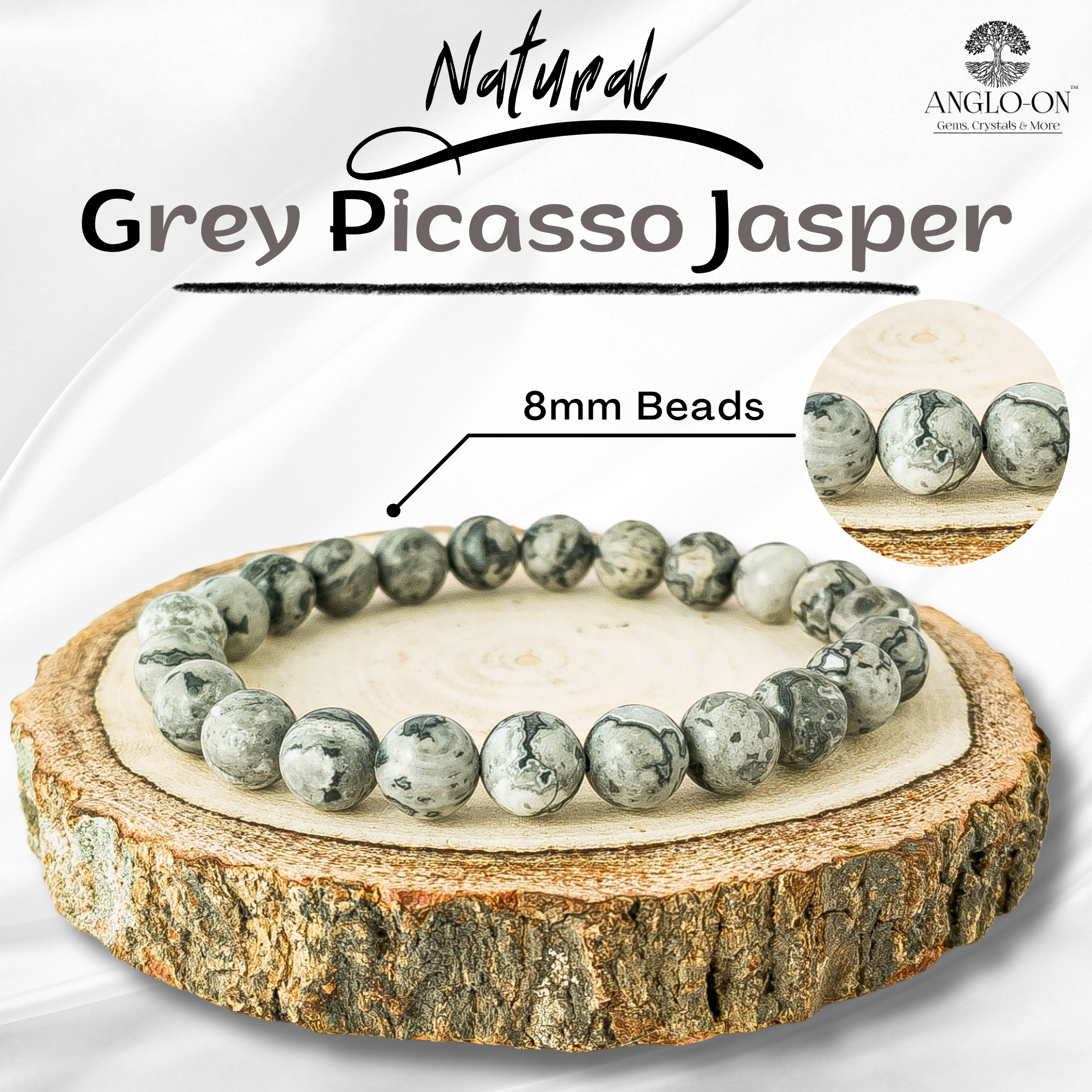 Natural Grey Picasso Jasper Bracelet 8mm