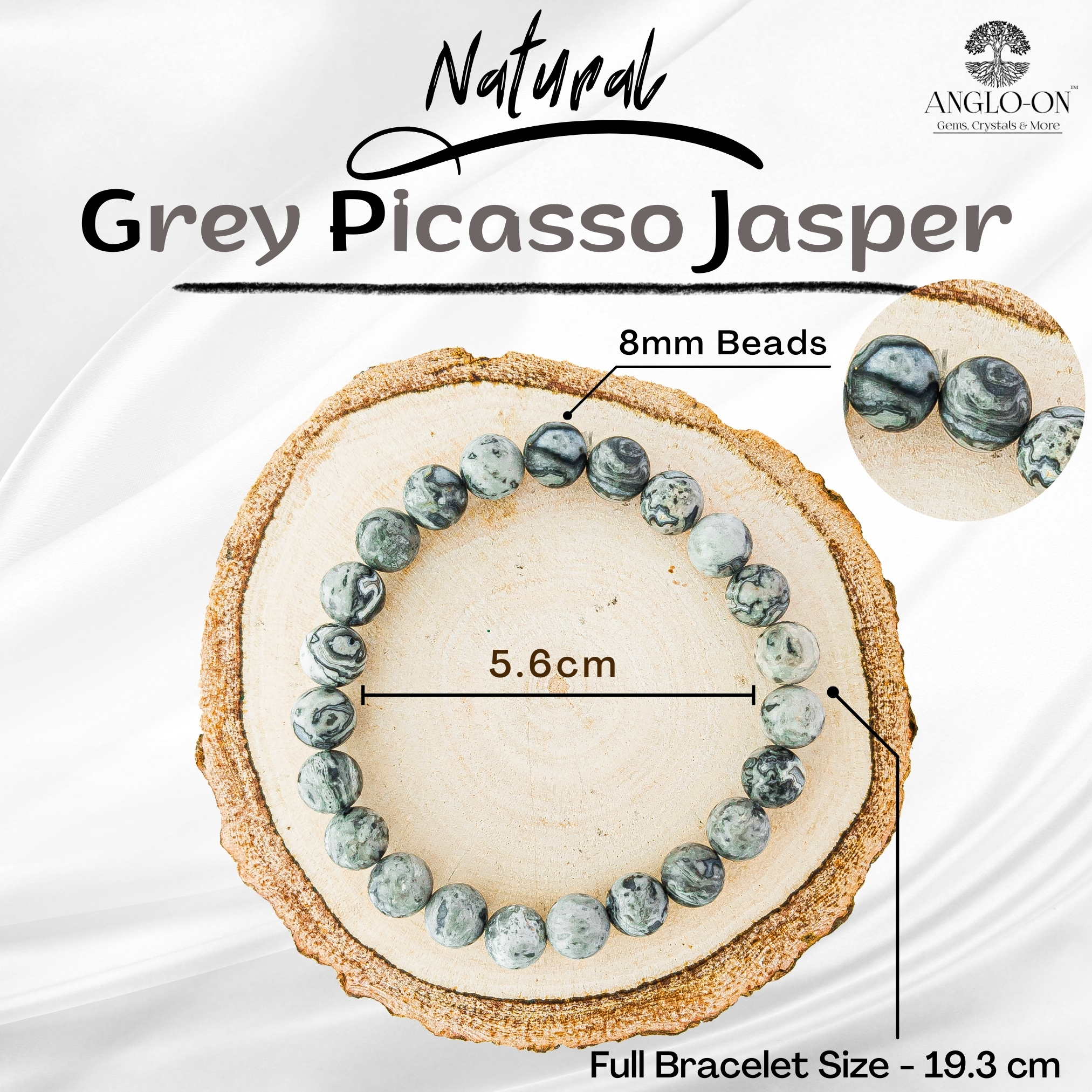 Natural Grey Picasso Jasper Bracelet 8mm