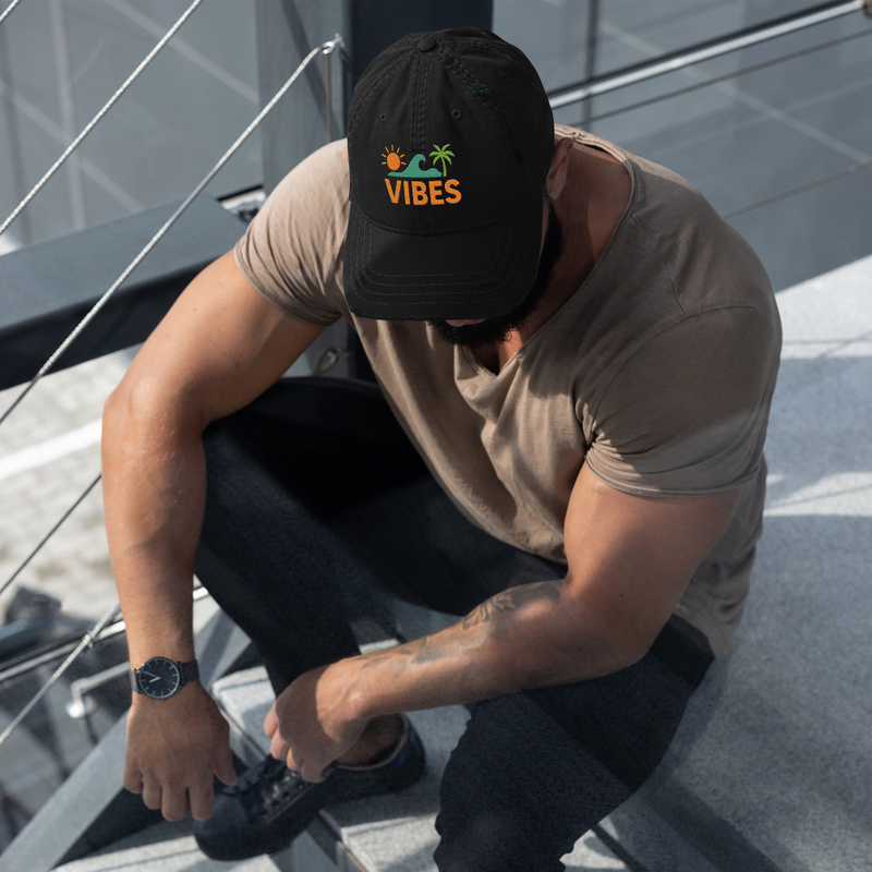 Vibes Embroidered Distressed Hat