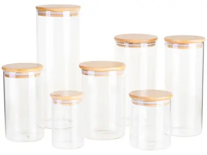 Conjunto de potes de vidro com tampa de bambu