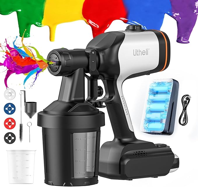 Litheli Cordless Fence Paint Sprayer, HVLP Electric Spray Gun with Brushless Motor, 3 Spray Patterns, 4 Nozzles, 2×800 ml Paint Containers, Incl.4.0 Ah Battery, Ideal for Fences, Sheds, Decking