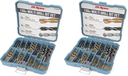 Hi-Spec 130pc Mixed Multi Drill Bit Set. 1 to 10mm HSS Titanium Coated, Masonry & Brad Point Steel Bits for Metal, Woods, Plastics, Brick and Concrete. Complete in a Box Case (Pack of 2)