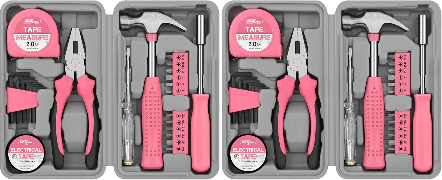 Hi-Spec Pink Small Tool Kit for Home DIY, Repairs & Crafts – 24pc Lady Tool Set with Mini Hammer, Pliers, Screwdriver Set, Hex Keys & Tape Measure in Compact Tool Box Case – Gift for Women (Pack of 2)