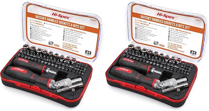 Hi-Spec 61pc 1/4” Hex Driver Bits & Socket Set with Right Angle Ratchet Handle. Easy Repairs with Torx & Small Precision Multi Bits. Screwdriver Bit Set in a Storage Case (Pack of 2)