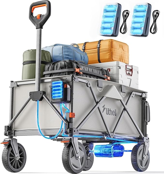 Litheli electric handcart, handcart foldable, with 20cm off-road tires, 200L capacity, 60kg load capacity, 2 brakes, suitable for camping, garden, beach, shopping Beige (2 batteries)