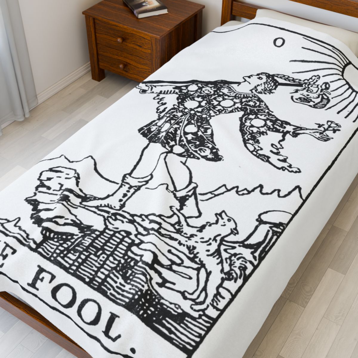 0 - The Fool Black on White Tarot Card Velveteen Plush Blanket 