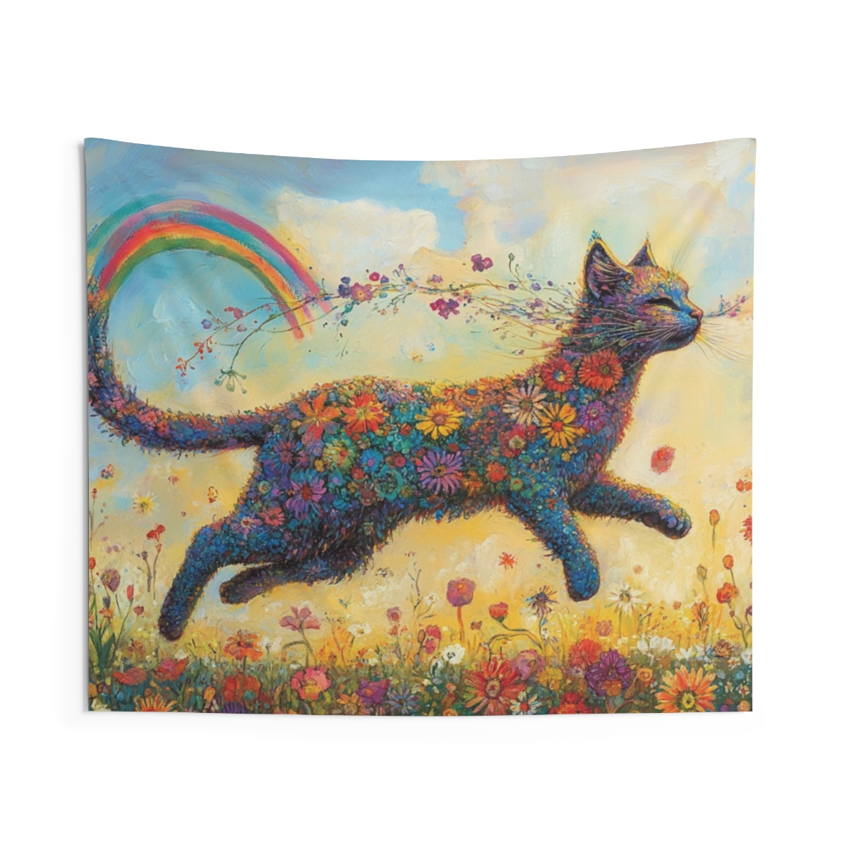 Beautiful Floral Leaping Cat Tapestry