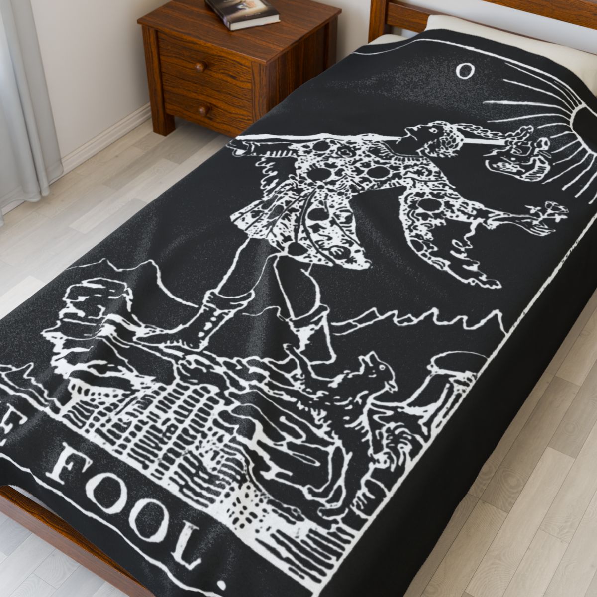 0 - The Fool White on Black Tarot Card Velveteen Plush Blanket 