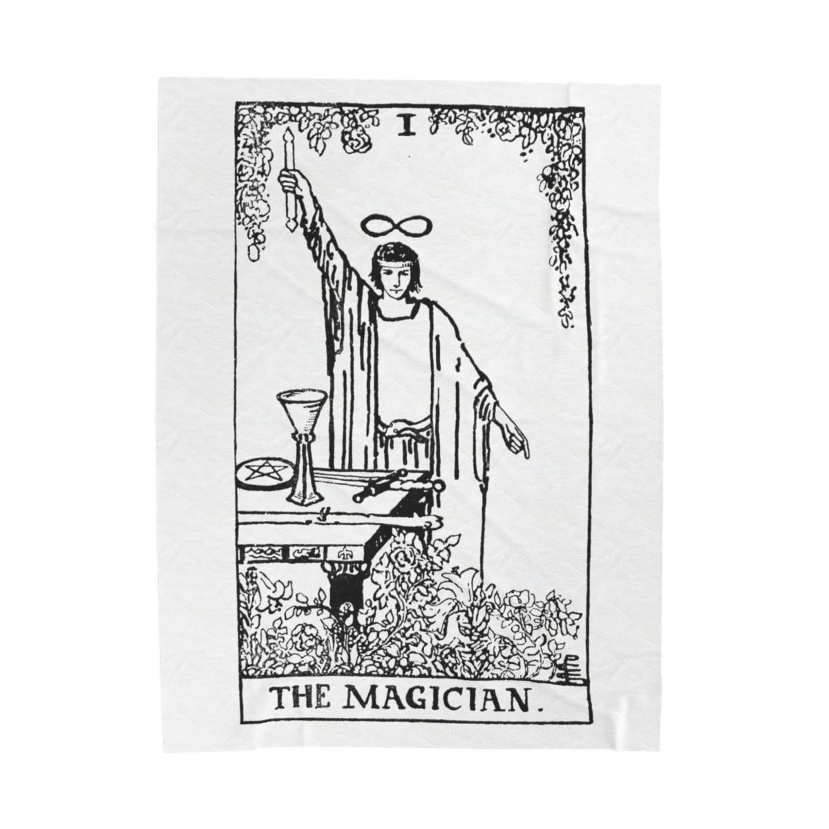 1 - The Magician Black on White Tarot Card Velveteen Plush Blanket 