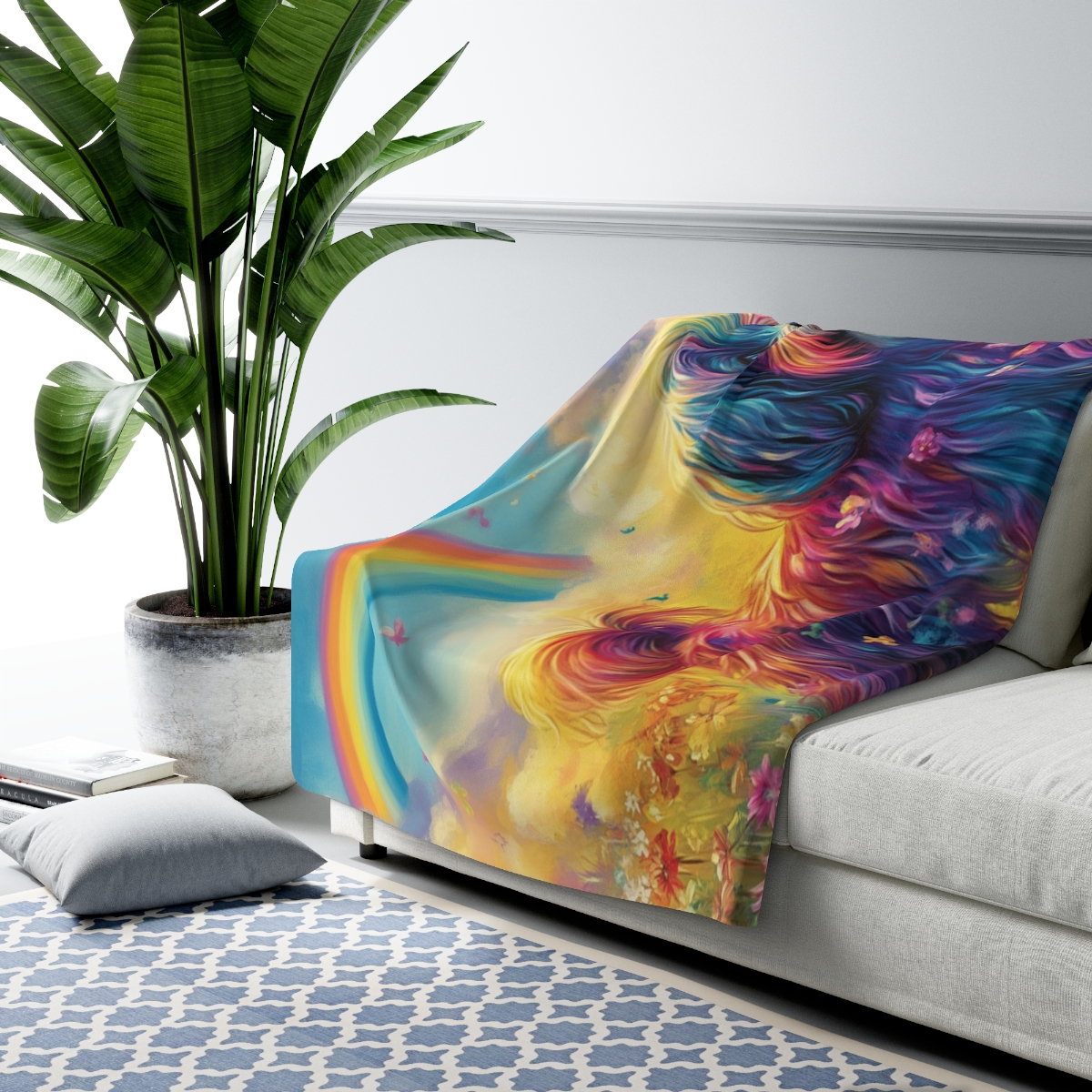 Luxury Colorful Dog Floral Art Sherpa Fleece Blanket