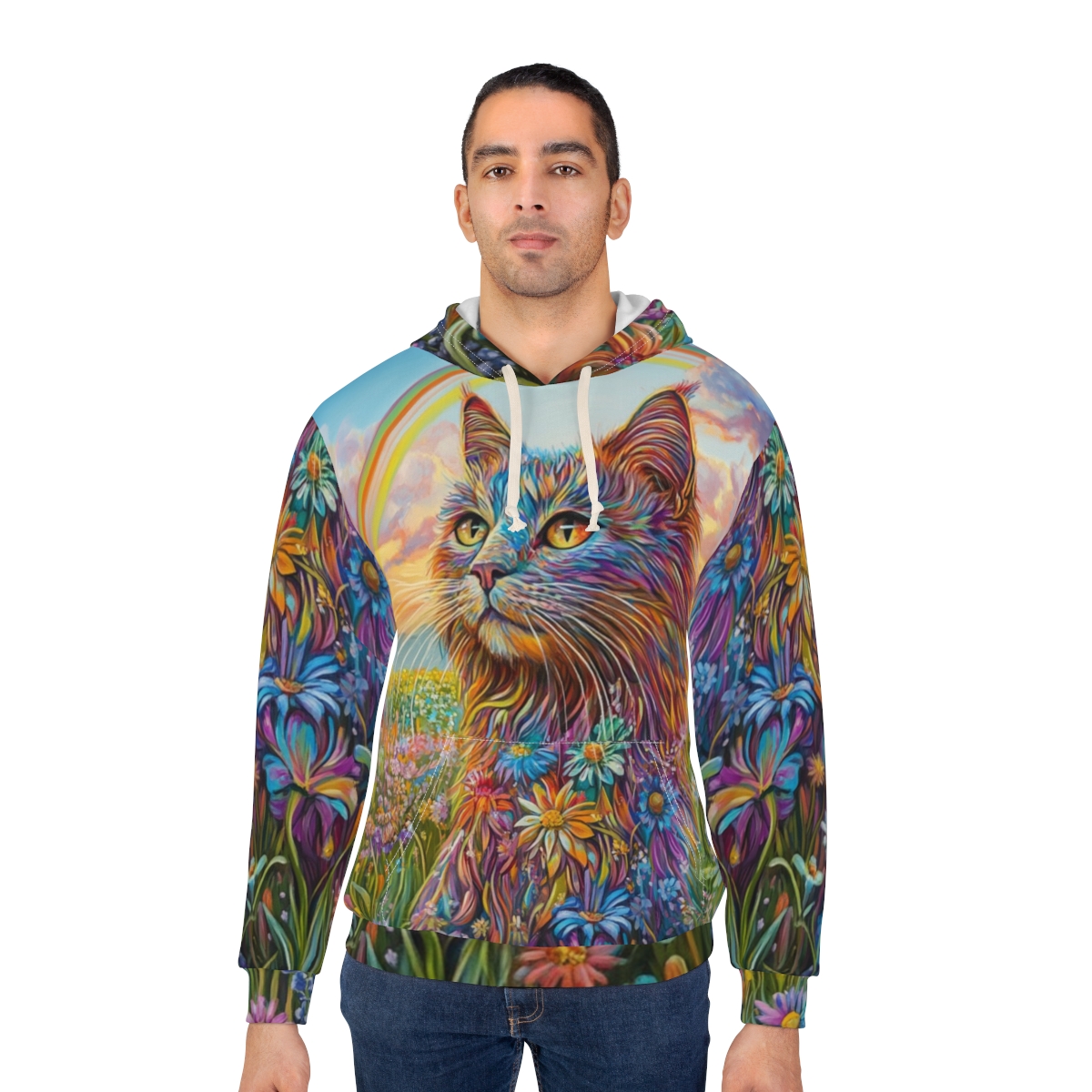 Beautiful Floral Cat Art Pullover Hoodie