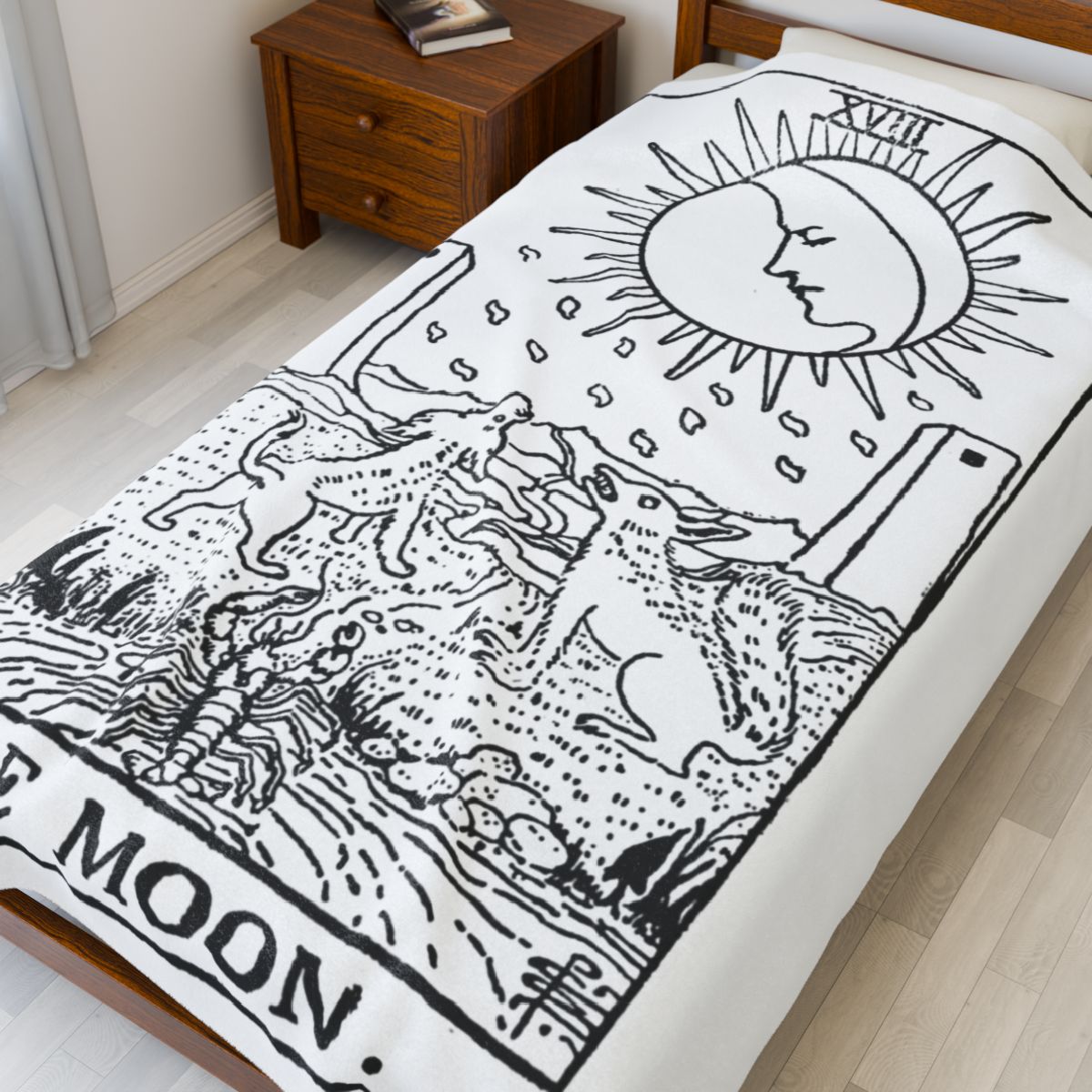 18 - The Moon Black on White Tarot Card Velveteen Plush Blanket 
