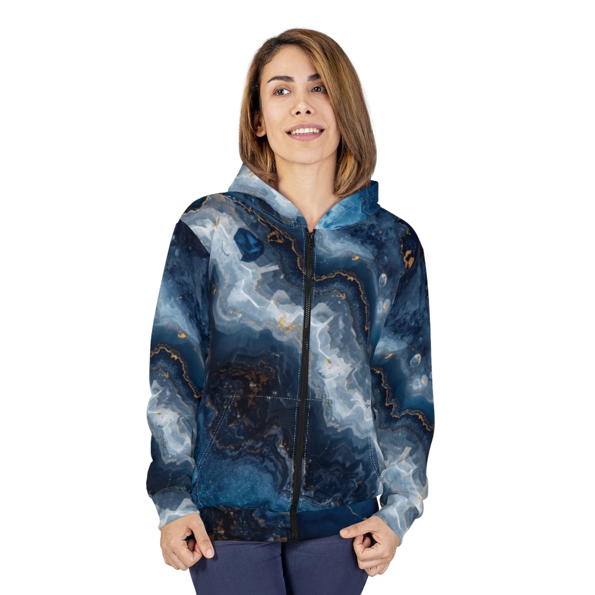 Stunning Blue Crystal Marble Zip Hoodie