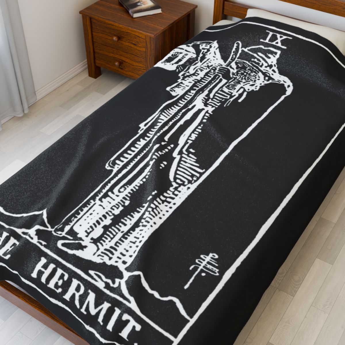 9 - The Hermit White on Black Tarot Card Velveteen Plush Blanket 