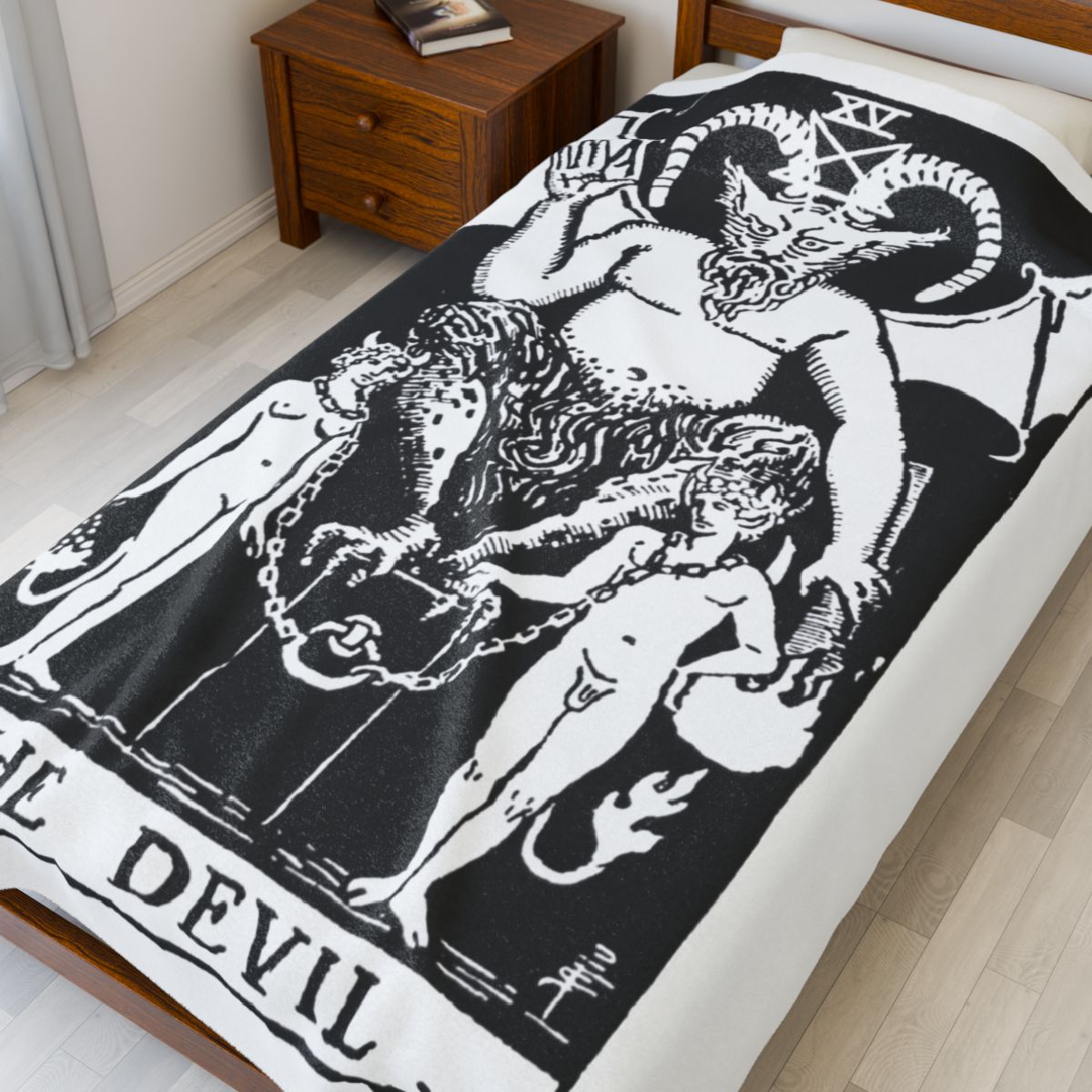 15 - The Devil Black on White Tarot Card Velveteen Plush Blanket 