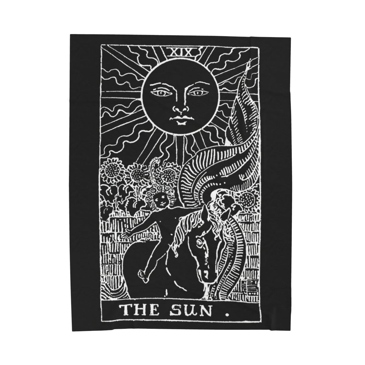 19 - The Sun White on Black Tarot Card Velveteen Plush Blanket 