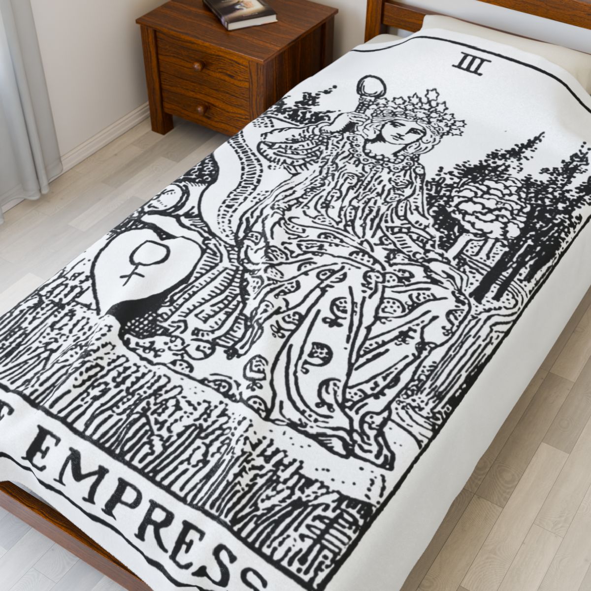 3 - The Empress Black on White Tarot Card Velveteen Plush Blanket 