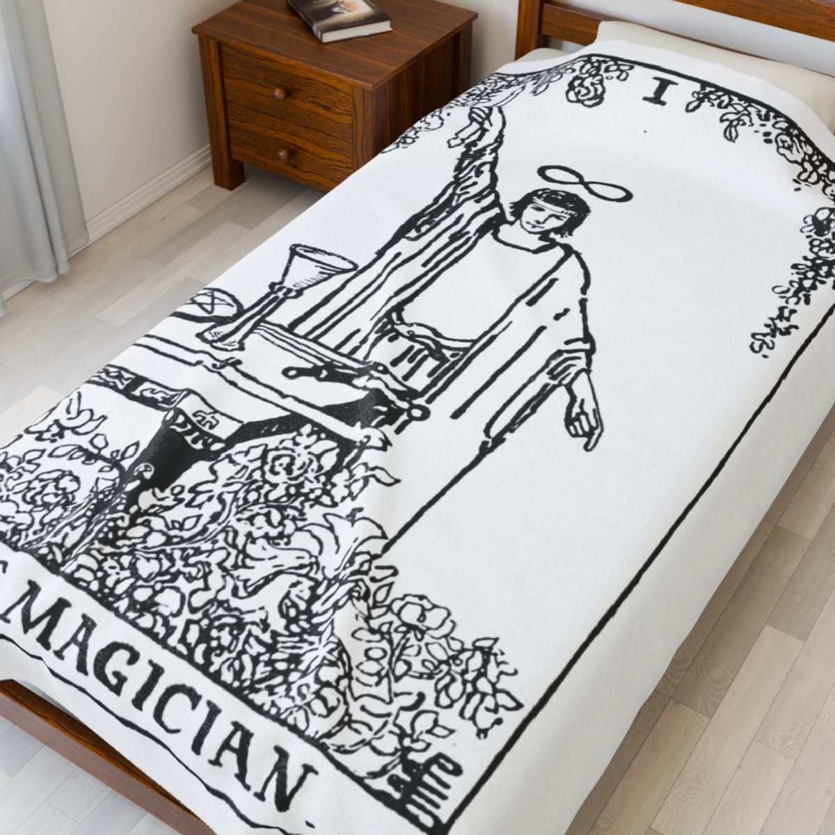 1 - The Magician Black on White Tarot Card Velveteen Plush Blanket 